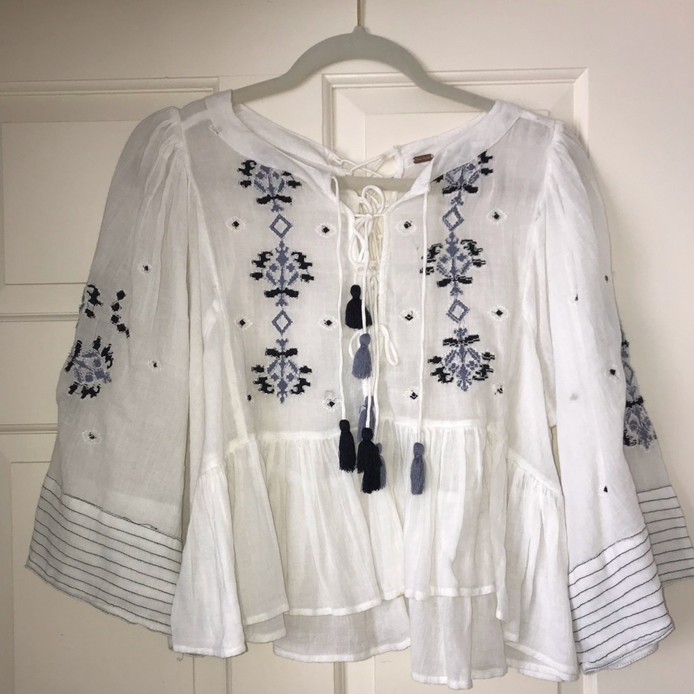 Free People White Embroidered Tunic Blouse Top